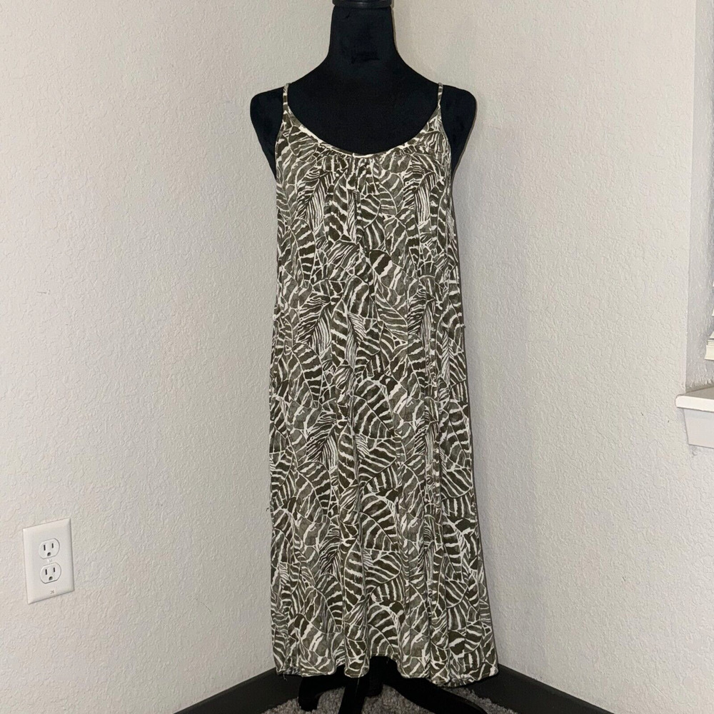 H&M Sun Dress Women's 8 White Green Tropical Print Scoop Neck Front Resortwear